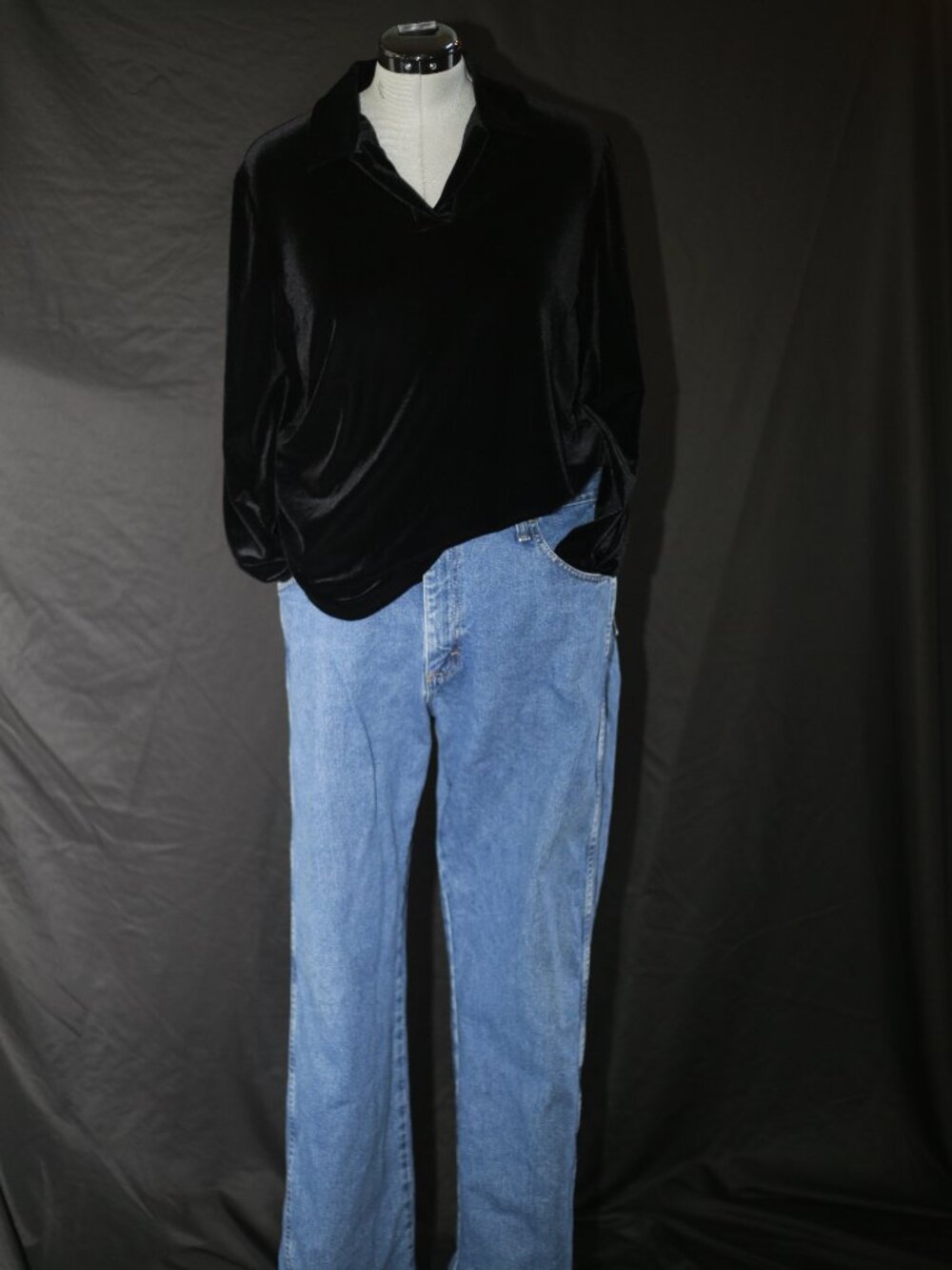 Coldwater Creek Black Velvet‑Feel Stretch V‑Neck Long Sleeve Top | XL (No Tag)